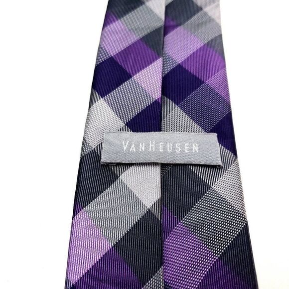 Van Heusen Silk Tie Purple Plaid Print - Picture 3 of 6